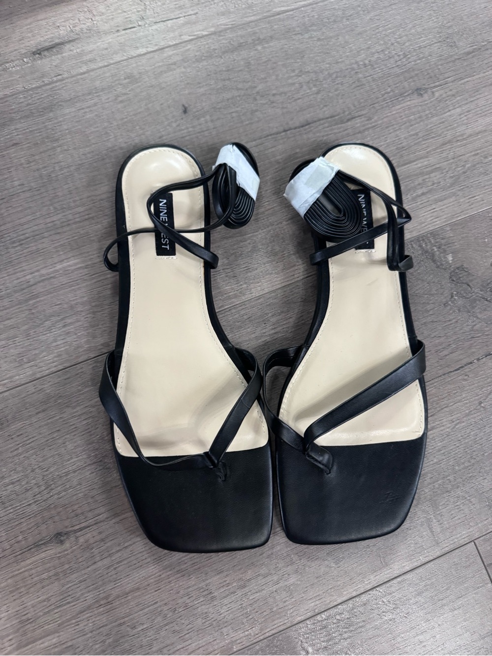 Nine West Black Minimalist Square-Toe Ankle Tie Sandals
